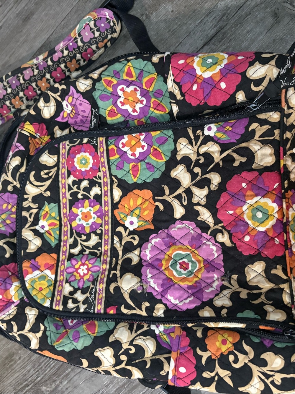 Vera Bradley Black Quilted Backpack with Multicolor Floral Medallions